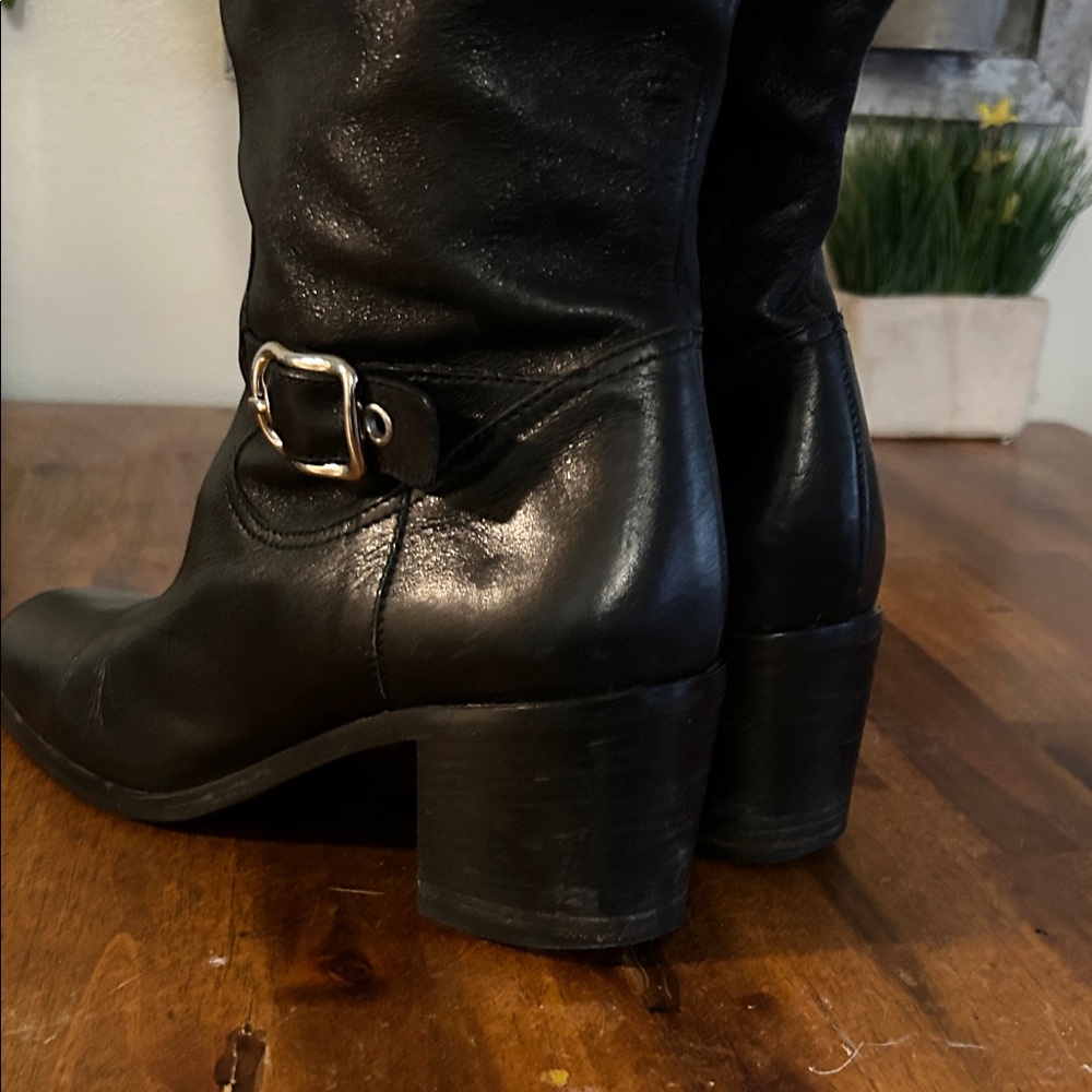Coach Black Leather Knee-High Heeled Boots with Buckle Details - Picture 5 of 10